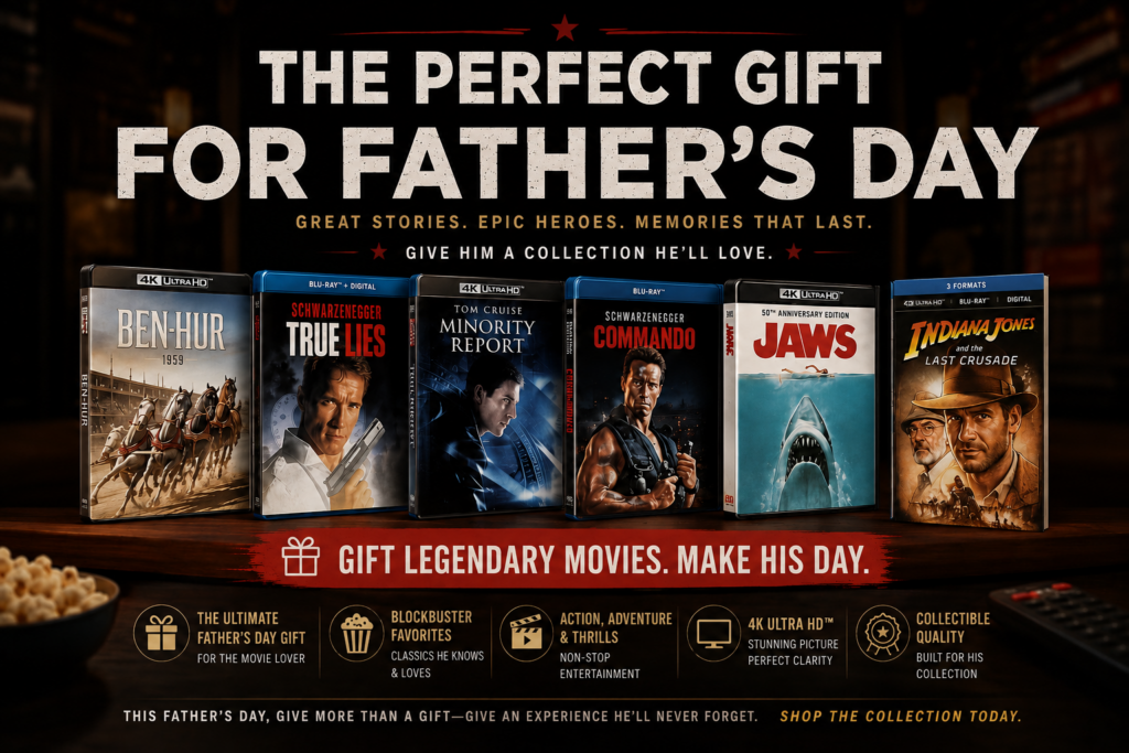 Father’s Day gift guide featuring movies, collector’s editions, film books, and movie-themed gifts for dads and movie lovers.