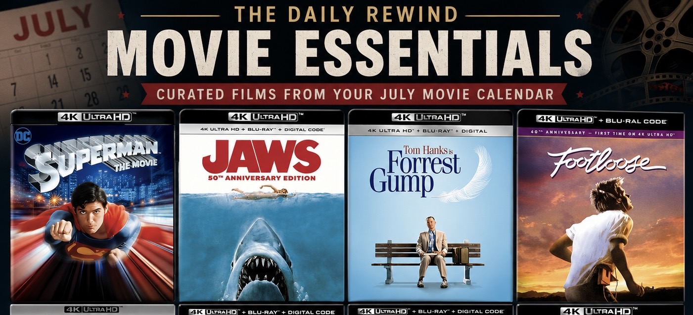 The Daily Rewind Movie Essentials collage featuring Superman, Jaws, Forrest Gump, Footloose, Escape from New York, Avatar, Harry Potter and the Sorcerer’s Stone, and E.T. the Extra-Terrestrial.