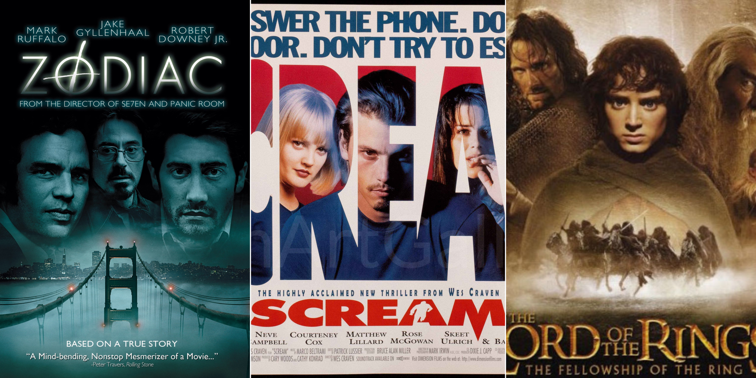 Movie poster collage featuring Zodiac, Scream, and The Lord of the Rings: The Fellowship of the Ring