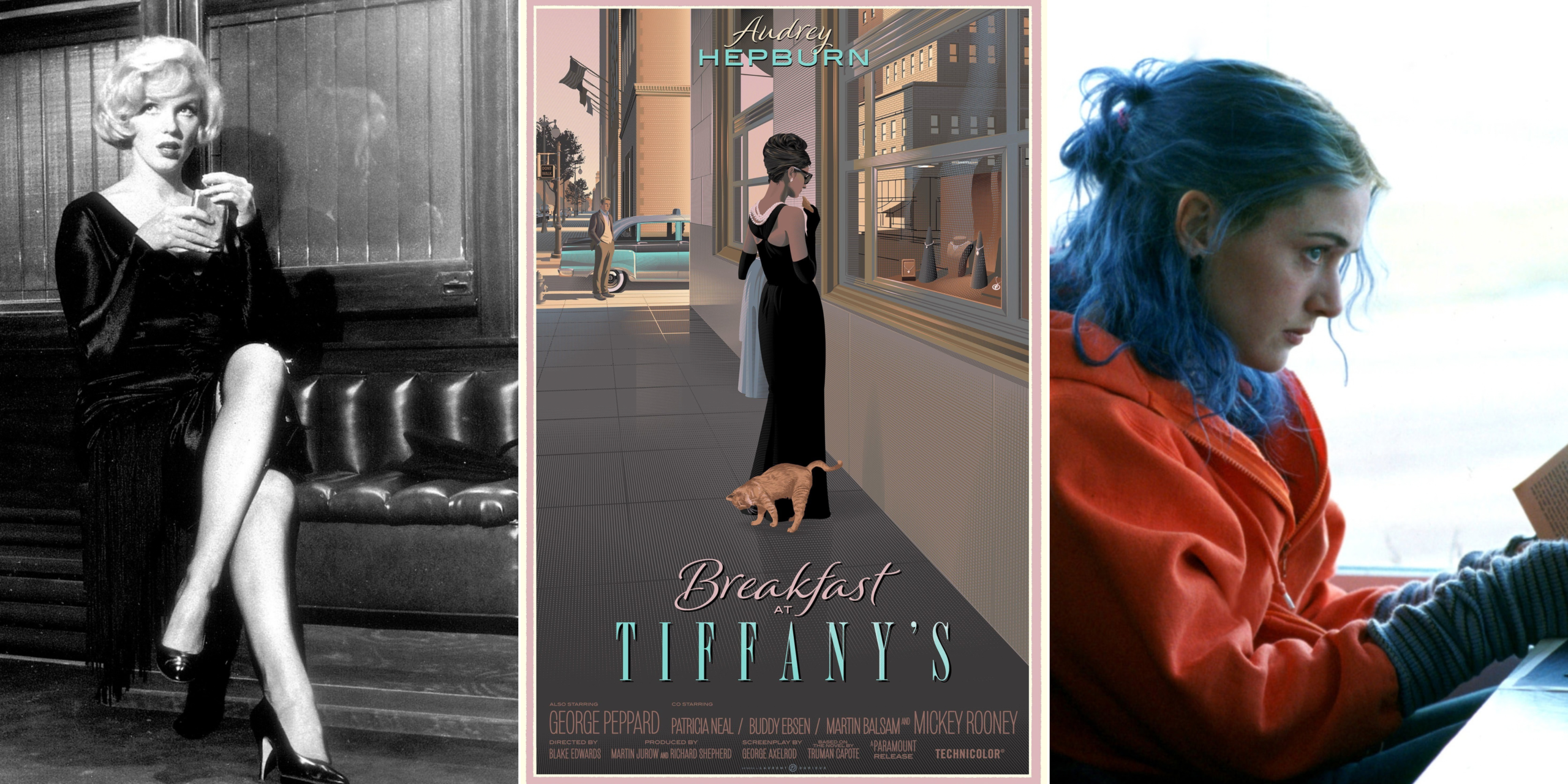 Marilyn Monroe as Sugar Kane, Audrey Hepburn as Holly Golightly, and Kate Winslet as Clementine in a collage for the Top Ten Manic Pixie Dream Girls.